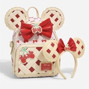 New Loungefly Disney Cherry Basket Backpack + Combo Ears Minnie Mouse Headband